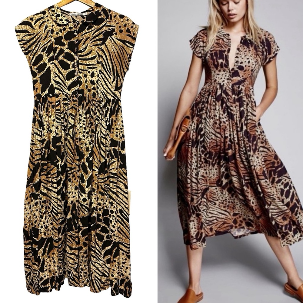 Novella Royale Leopard Print Midi Dress Cap Sleeve Button XS Boho Safari Chic
